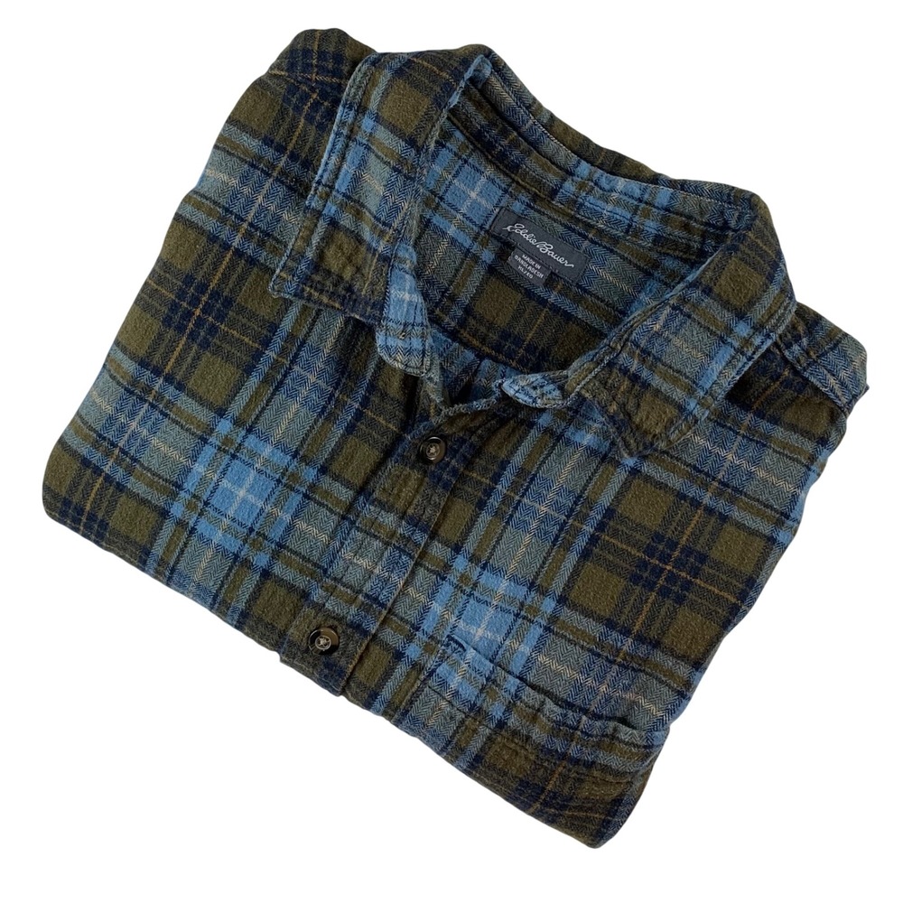 Eddie Bauer Mens‎ XL Flannel Shirt Blue Olive Green Plaid Cotton EMT5568S